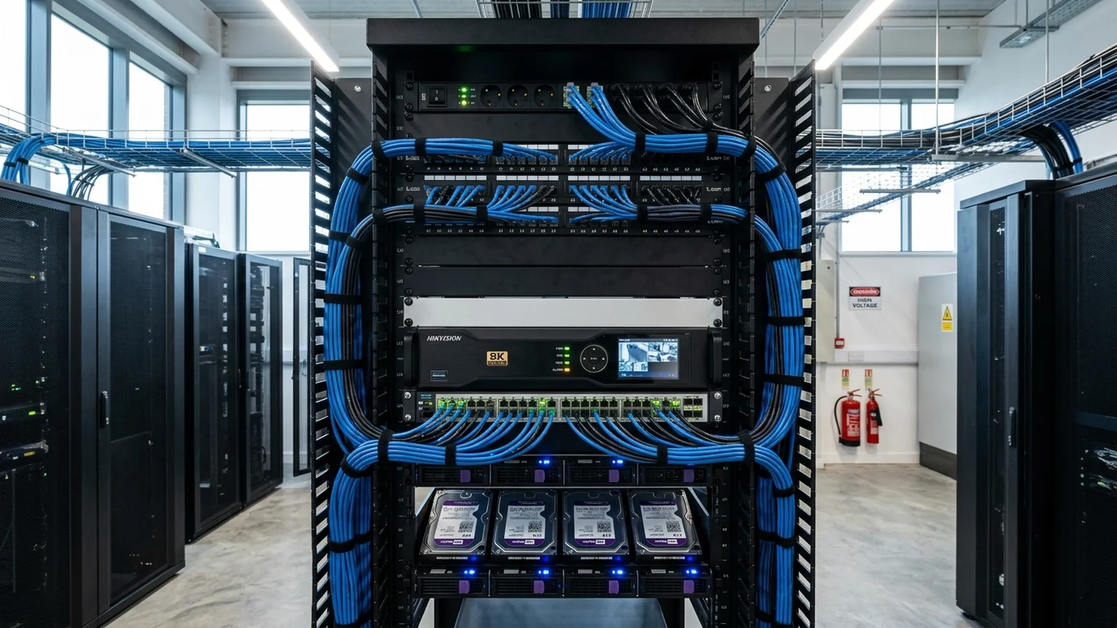 Commercial 8K CCTV camera Network Video Recorder rack installation with multi-terabyte enterprise storage