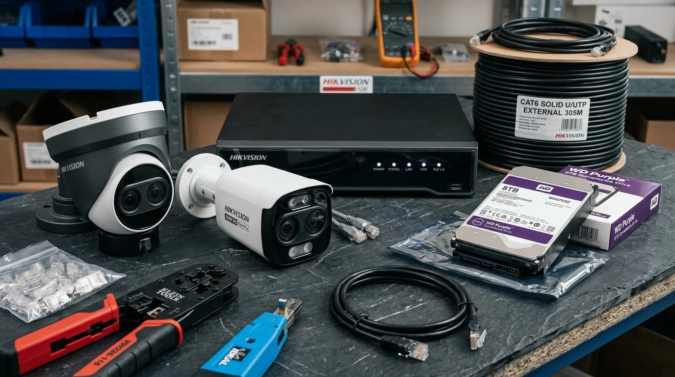 Complete 16MP 8K CCTV camera system hardware kit showing panoramic turret, dual-lens camera, PoE NVR, WD Purple 8TB hard drive, and Cat6 cabling