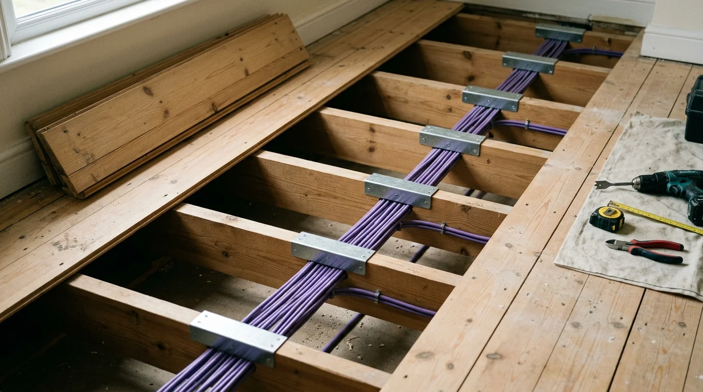 Cat6 LSZH data cabling routed through structural timber joists complying with Part A in Beardwood Blackburn