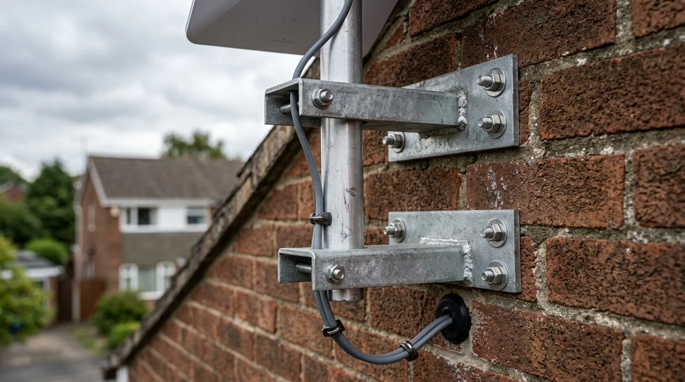 Heavy-duty galvanised Pennine storm bracket mounting assembly for Starlink on brick gable in Beardwood Blackburn