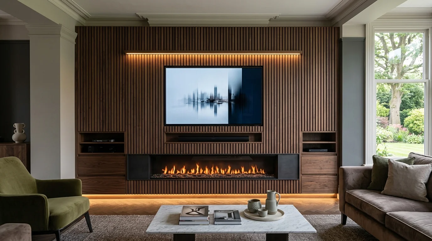 Bespoke luxury media wall in Beardwood with acoustic wood slat panels, electric flame fireplace, and flush OLED television
