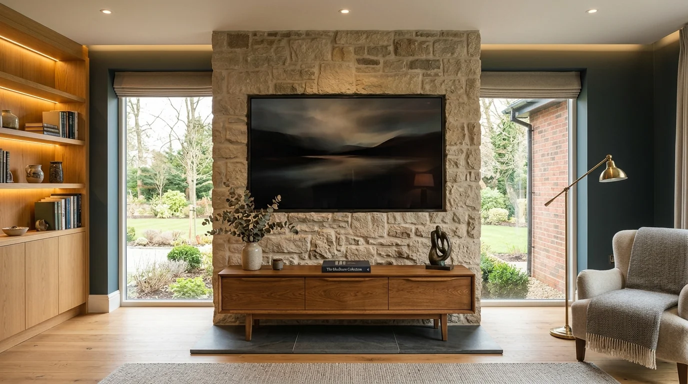OLED television mounted flush to a stone chimney breast in an executive Beardwood living room with concealed wiring