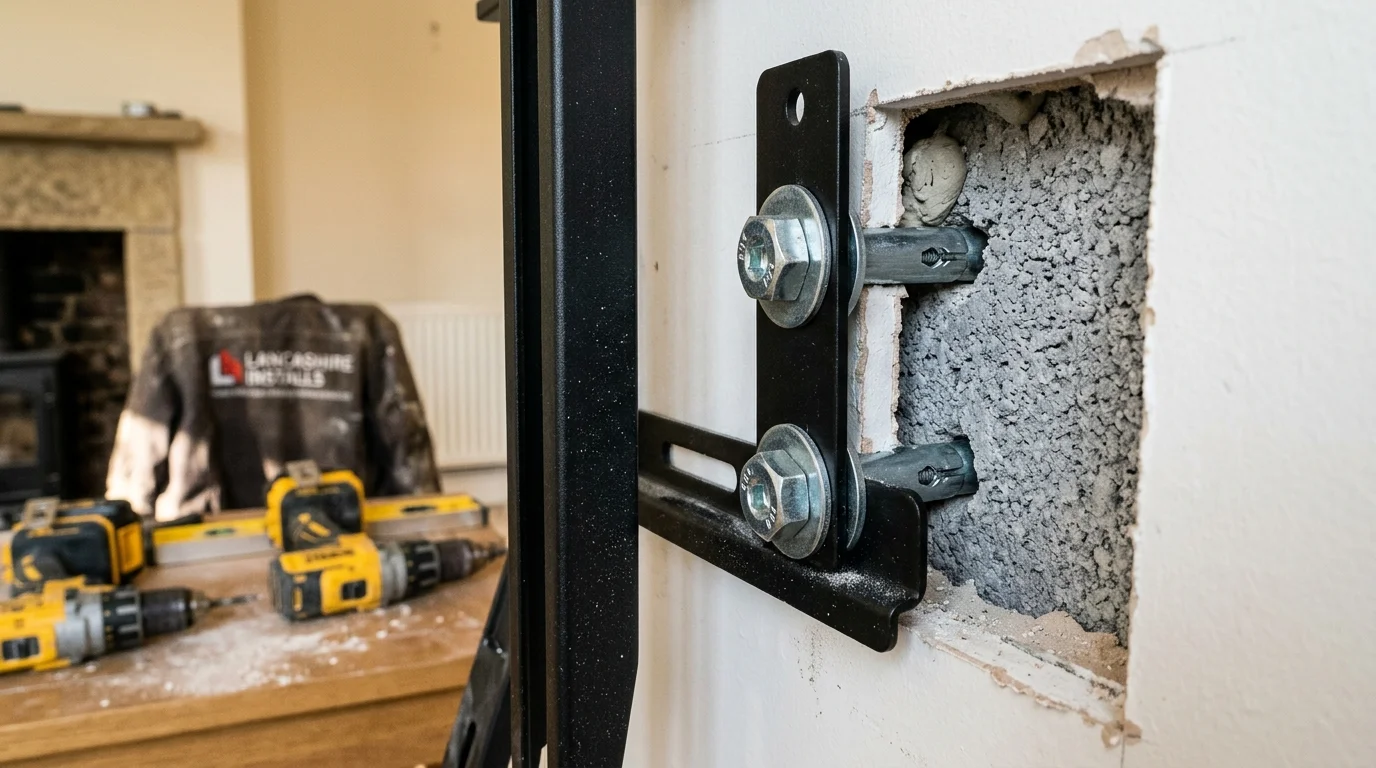 Macro detail of CoreFix steel expansion collars bridging plasterboard cavity directly into aerated thermalite block in Beardwood