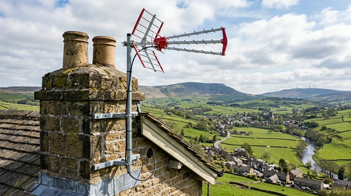Professional digital TV aerial installation in Pleasington on traditional British chimney stack with galvanized Pennine storm brackets