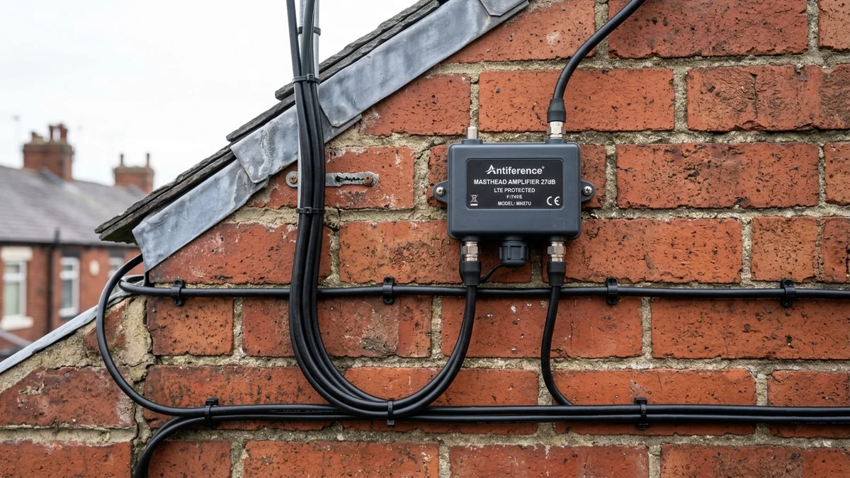 Shielded masthead amplifier and WF100 coax cable routed neatly on Blackburn masonry