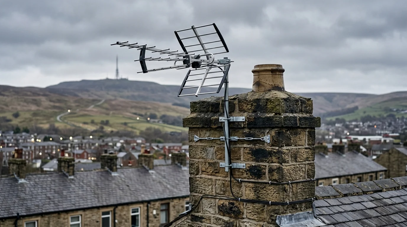 Professional digital TV aerial installation in Blackburn with high-gain benchmark aerial and heavy-duty storm bracket