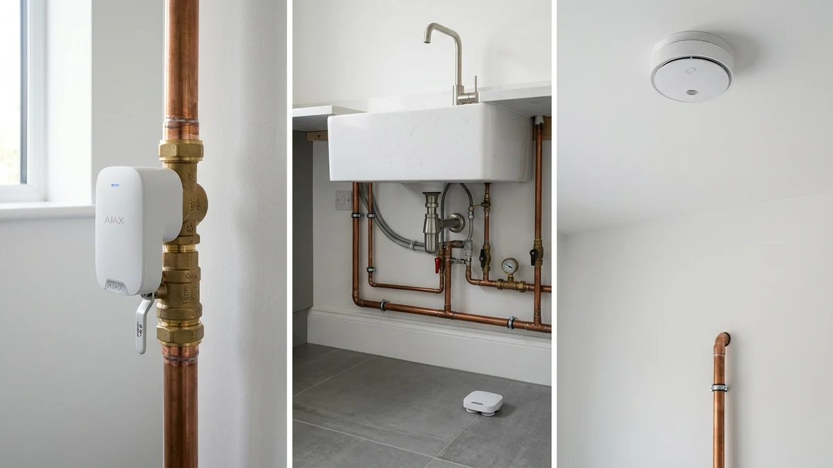 Ajax FireProtect 2 ceiling smoke detector and WaterStop electric smart shutoff valve installed cleanly on copper plumbing in a Blackpool home