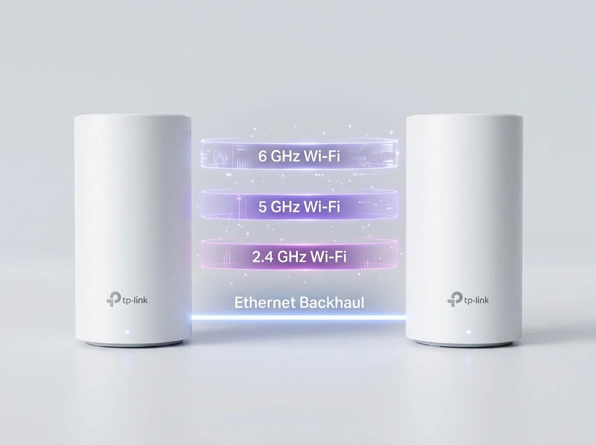 TP-Link Deco WiFi 6 desktop mesh node installation on furniture in a Blackpool semi-detached home
