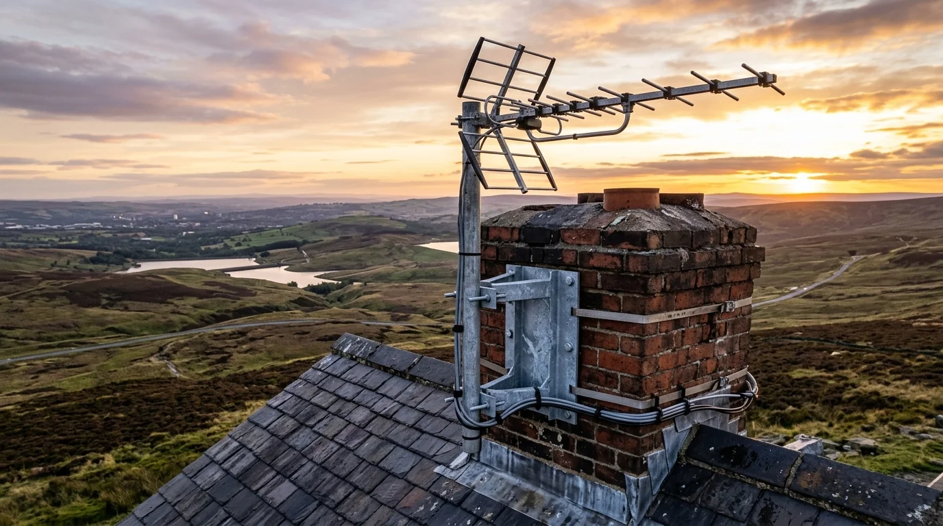 Professional digital TV aerial installation in Bromley Cross on traditional British chimney stack with galvanized Pennine storm brackets