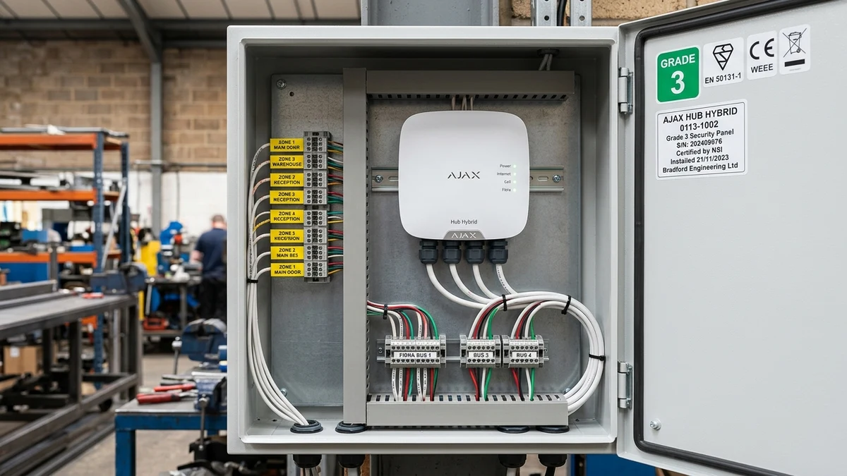Commercial communications rack housing Ajax Hub Hybrid with neatly laced 4-core bus lines in Bradford