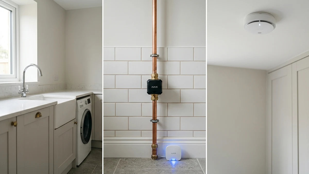 Ajax FireProtect 2 ceiling smoke detector and WaterStop electric smart shutoff valve installed cleanly on copper plumbing in a Bradford home