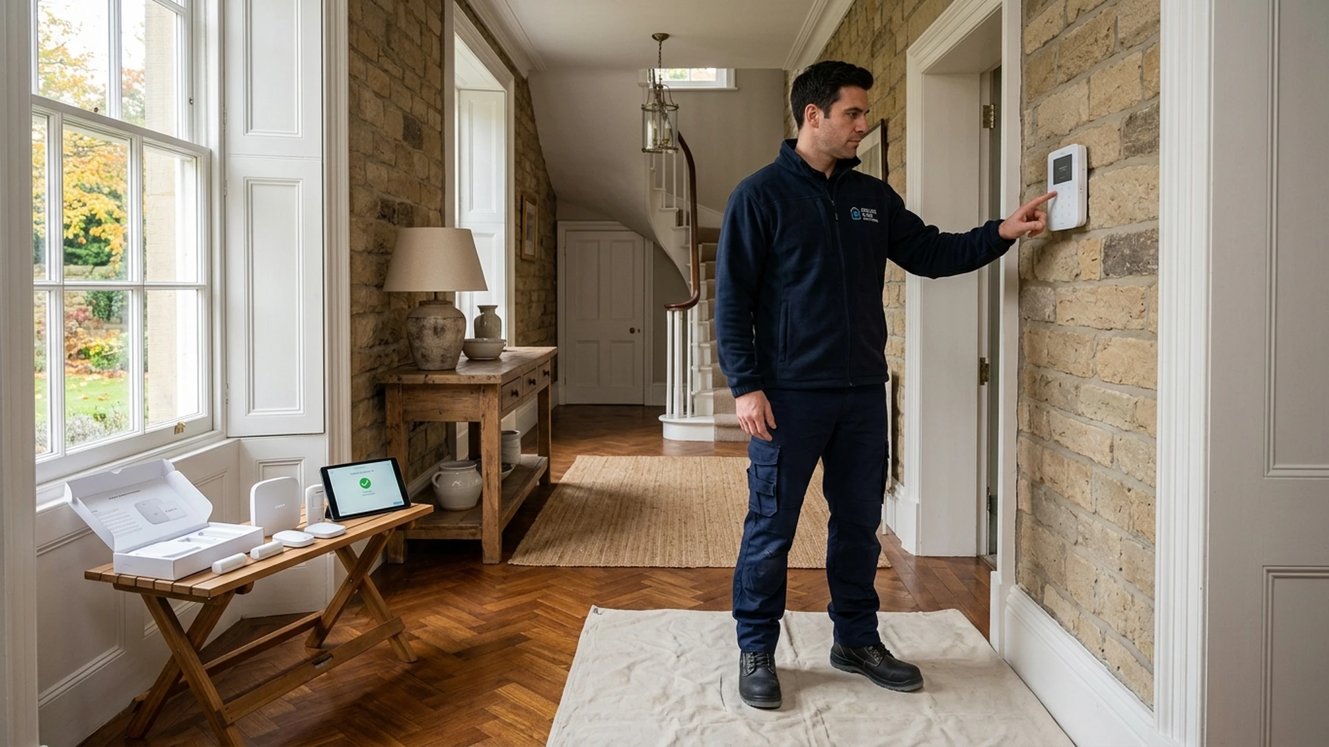 Professional security engineer Gary Pearce installing white Ajax KeyPad TouchScreen Jeweller on a hallway wall in a Bradford home