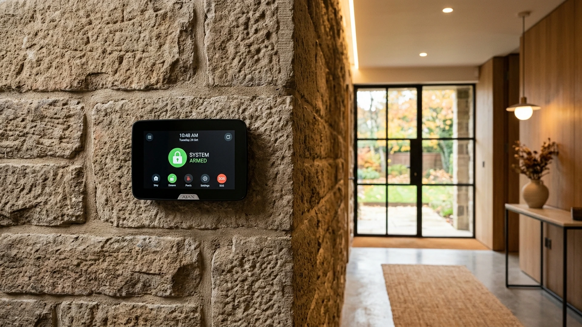 Ajax MotionCam Outdoor wireless detector mounted on weathered West York red brick exterior wall in Bradford