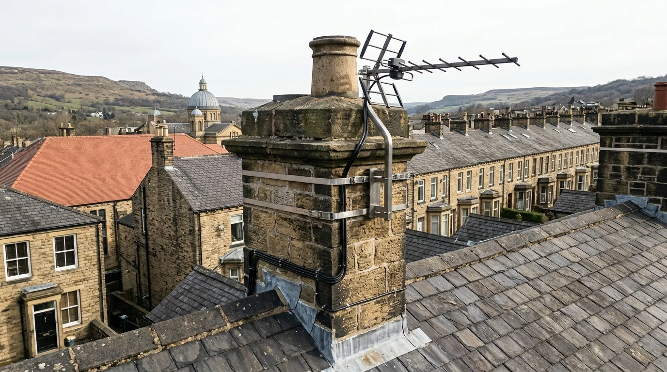 Professional digital TV aerial installation in Wetherby on traditional British chimney stack with galvanized Pennine storm brackets