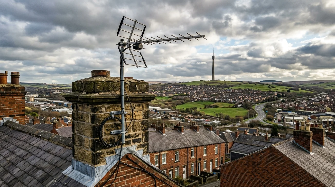 Professional digital TV aerial installation in Manningham on traditional British chimney stack with galvanized Pennine storm brackets