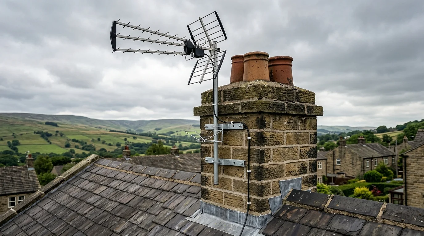 Professional digital TV aerial installation in Rawdon on traditional British chimney stack with galvanized Pennine storm brackets