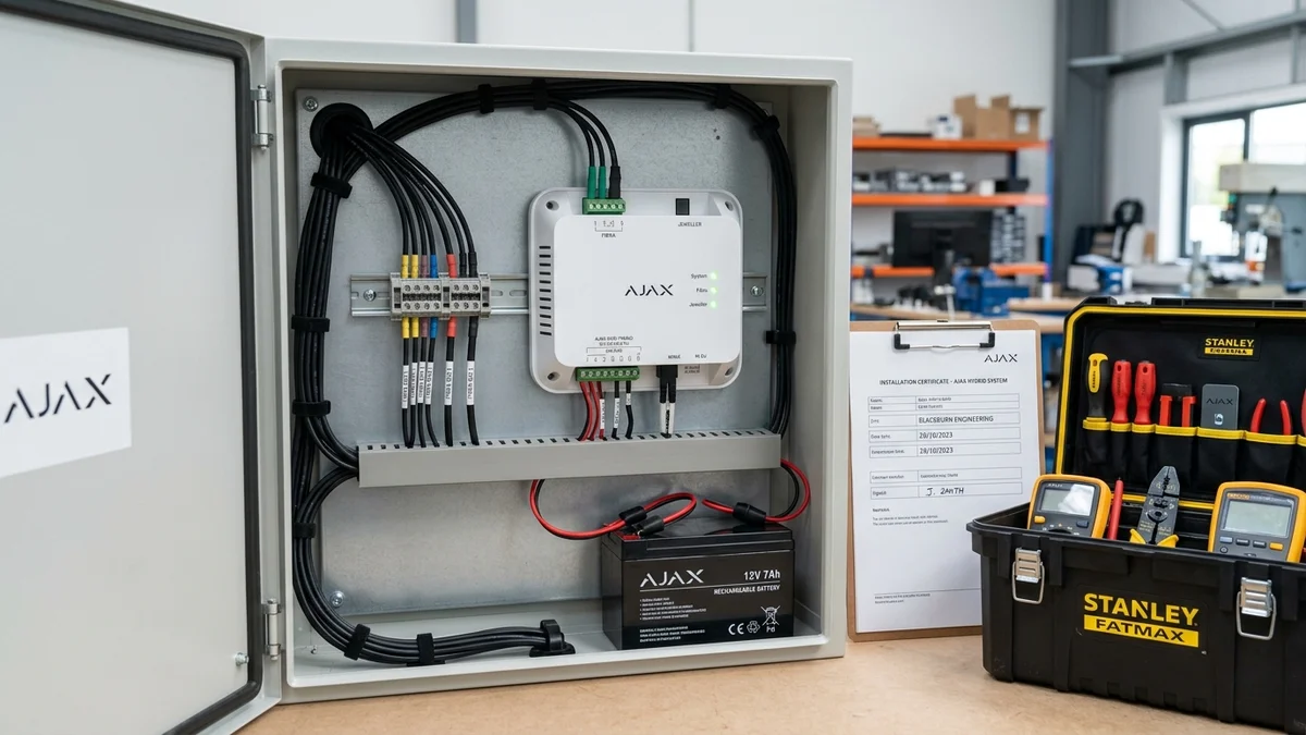 Commercial communications rack housing Ajax Hub Hybrid with neatly laced 4-core bus lines in Burnley