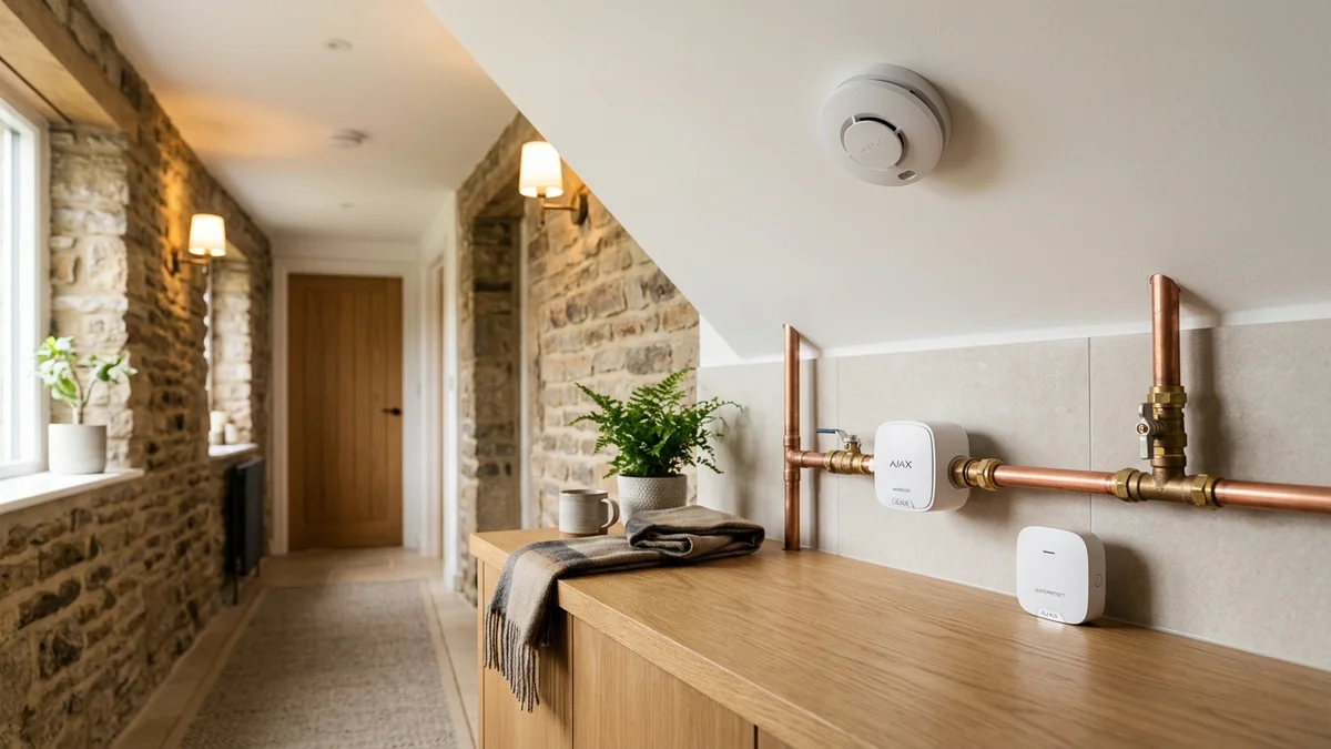 Ajax FireProtect 2 ceiling smoke detector and WaterStop electric smart shutoff valve installed cleanly on copper plumbing in a Burnley home