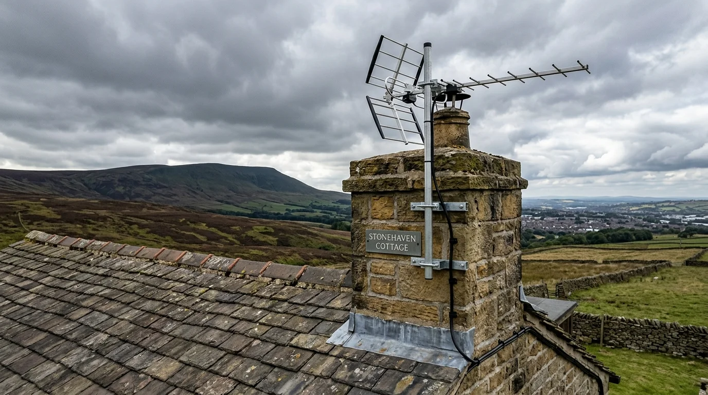 Professional digital TV aerial installation in Nelson on traditional British chimney stack with galvanized Pennine storm brackets