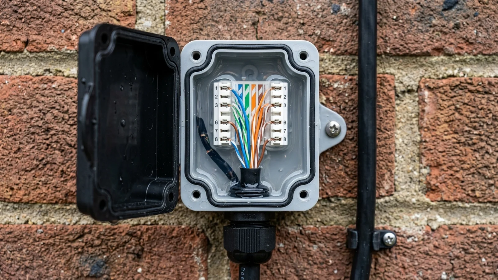 Waterproof gel seal and cable bushing grommet on external brick wall
