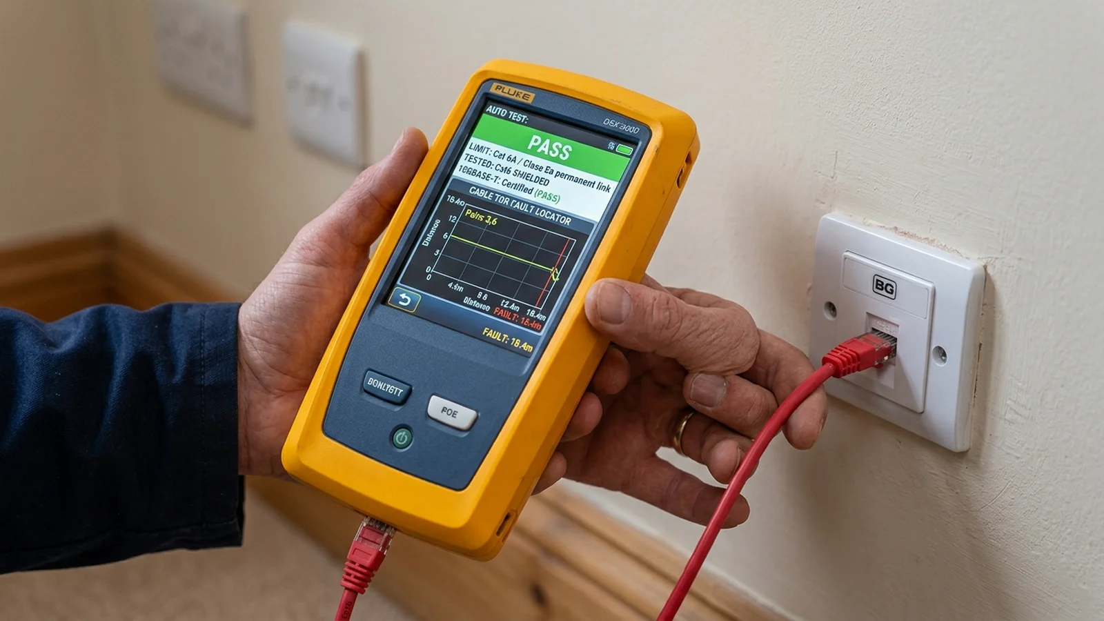 Fluke DSX-8000 cable analyser certifying 10Gbps transmission on Cat6A