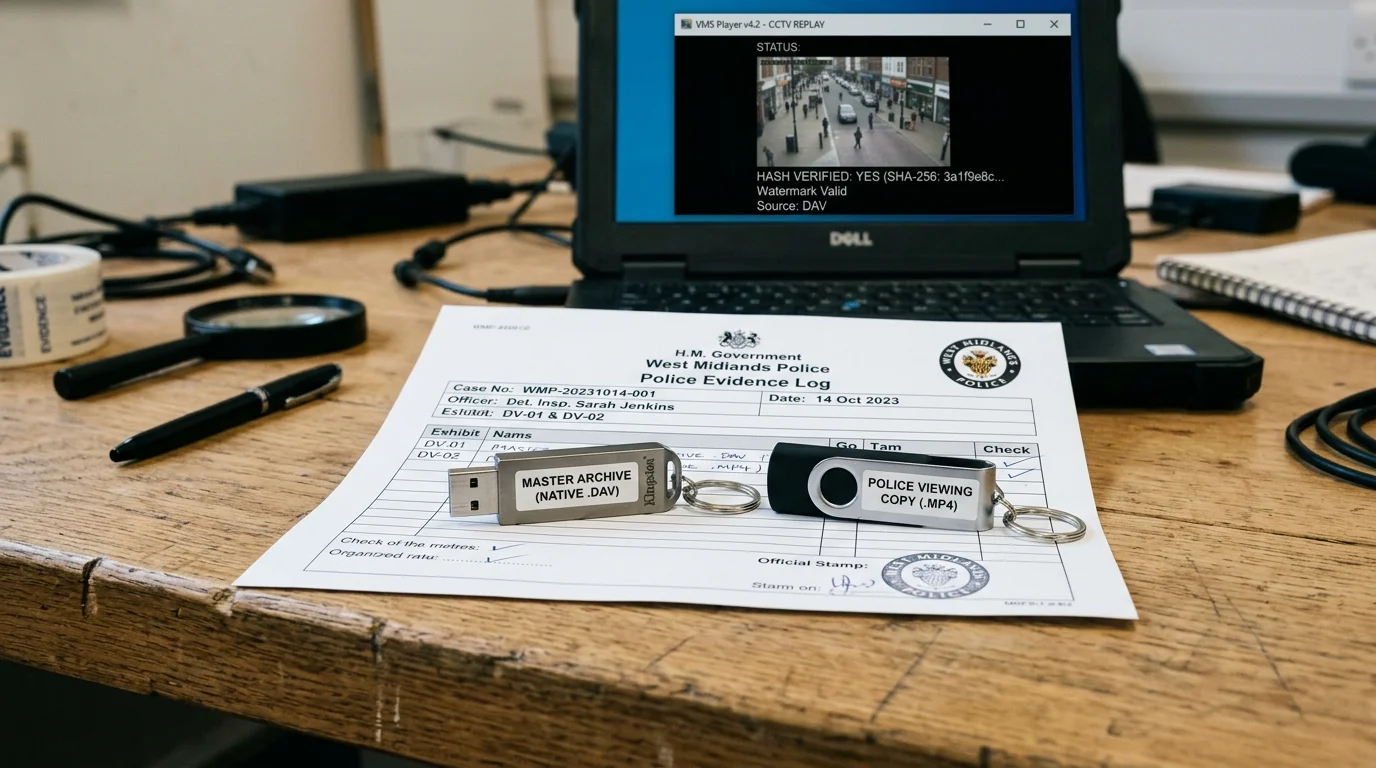 Two USB drives on a wooden trade workbench labelled Master Native Archive and Police Viewing Copy MP4 resting on a police evidence log sheet
