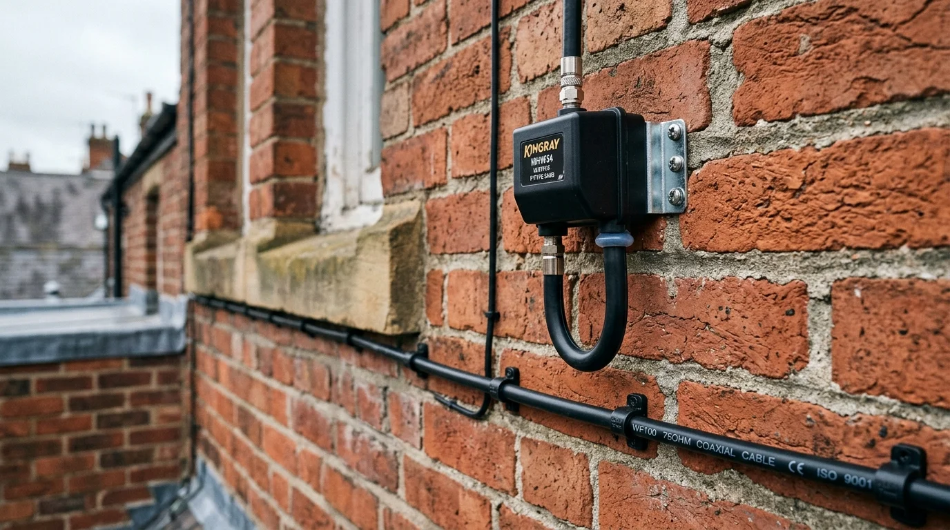 Neatly clipped UV-resistant Cat6a solid copper cable installation along mortar joints in Chester