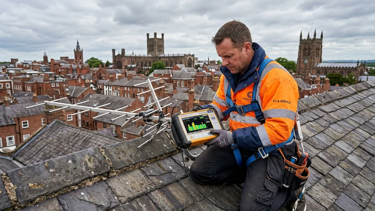 Engineer reading spectrum analyzer meter showing Moel-y-Parc and Winter Hill frequencies on Chester rooftop