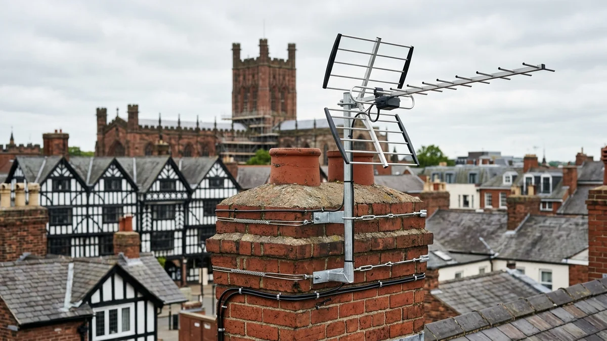 Professional digital TV aerial installation in Chester with high-gain benchmark aerial and heavy-duty storm bracket