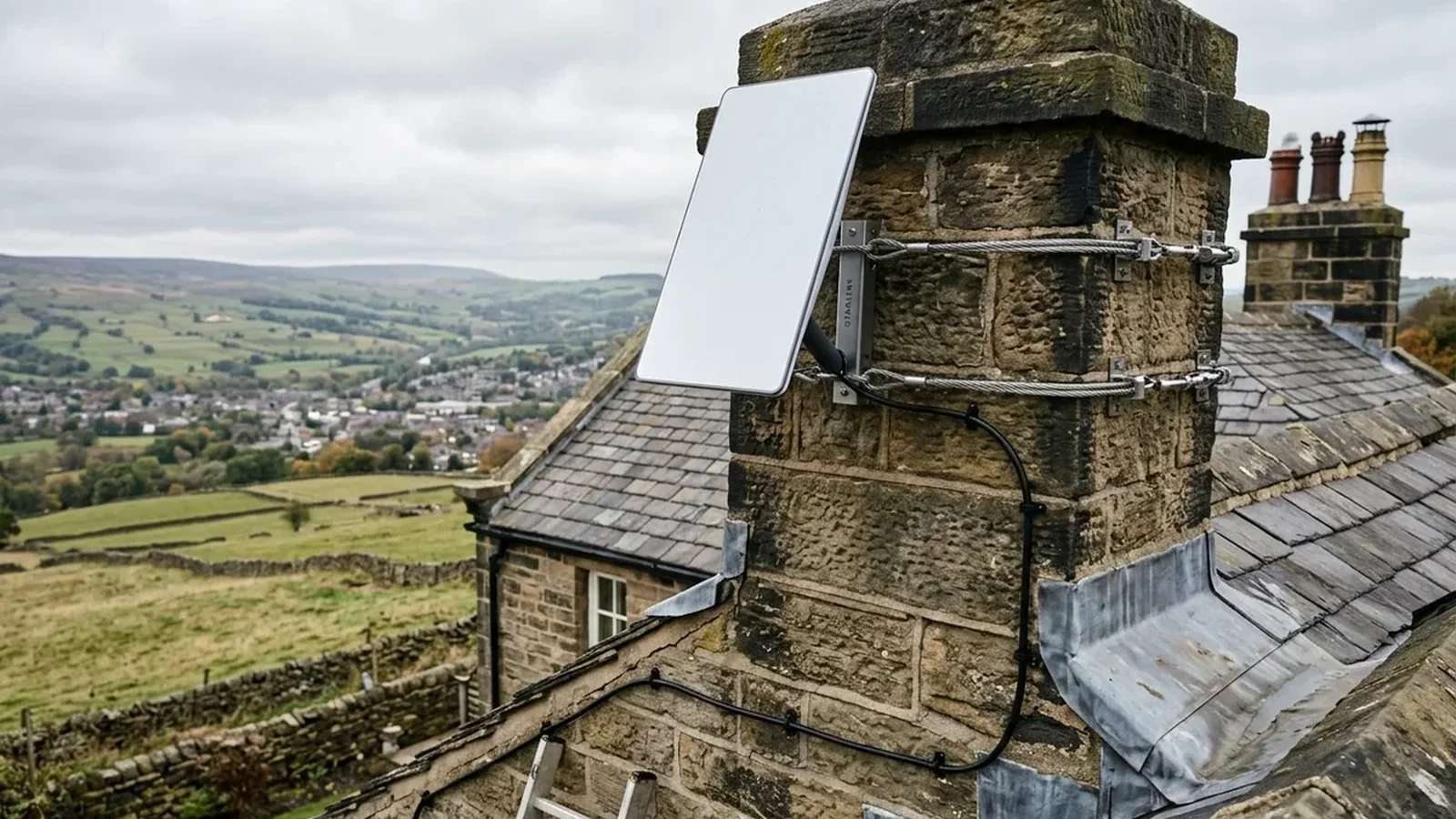 Starlink dish on roof in Cleckheaton on brick chimney with non-drill lashing cradle overlooking town