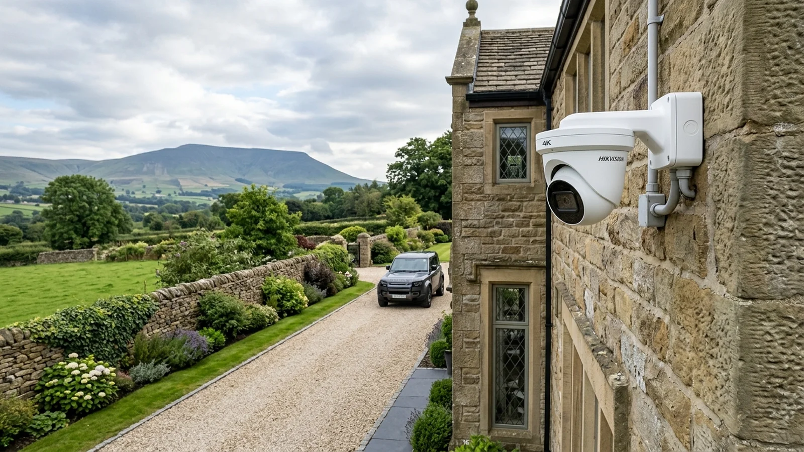 4K Hikvision ColorVu CCTV camera precision mounted onto Yorkshire stone facade in Clitheroe