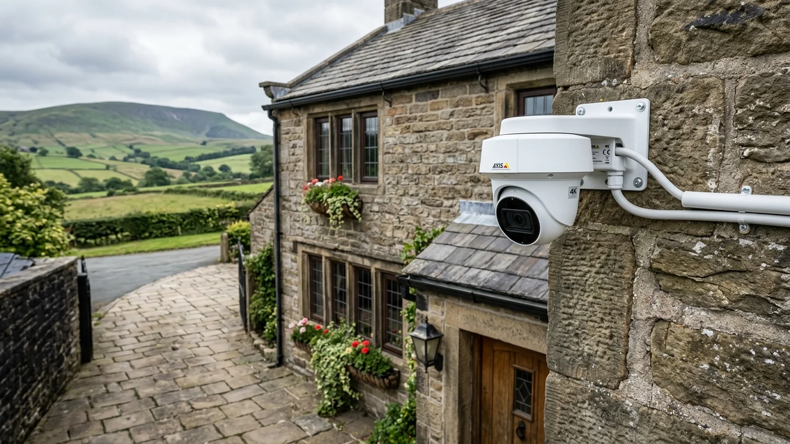 4K Hikvision ColorVu CCTV camera precision mounted onto Yorkshire stone facade in Colne