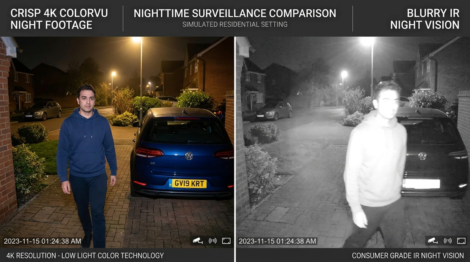 Side-by-side comparison of 4K ColorVu full-colour night footage versus consumer infrared camera vulnerable to wireless CCTV jamming