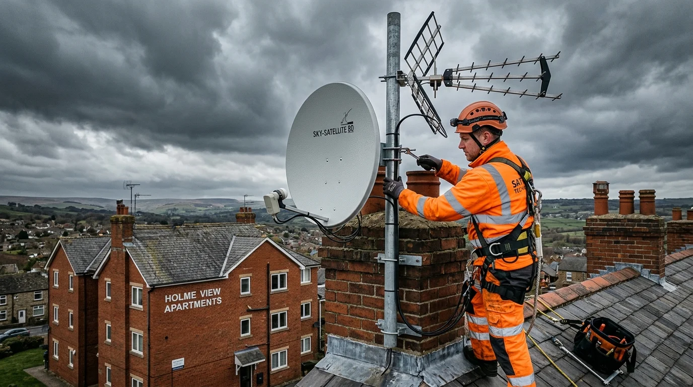 Emergency storm repair on rooftop commercial communal satellite dish