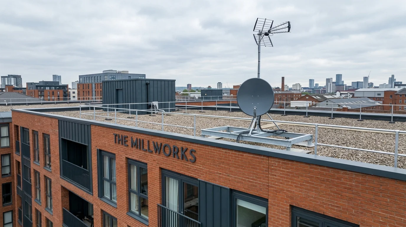 Communal satellite dish clutter removal from apartment building facade