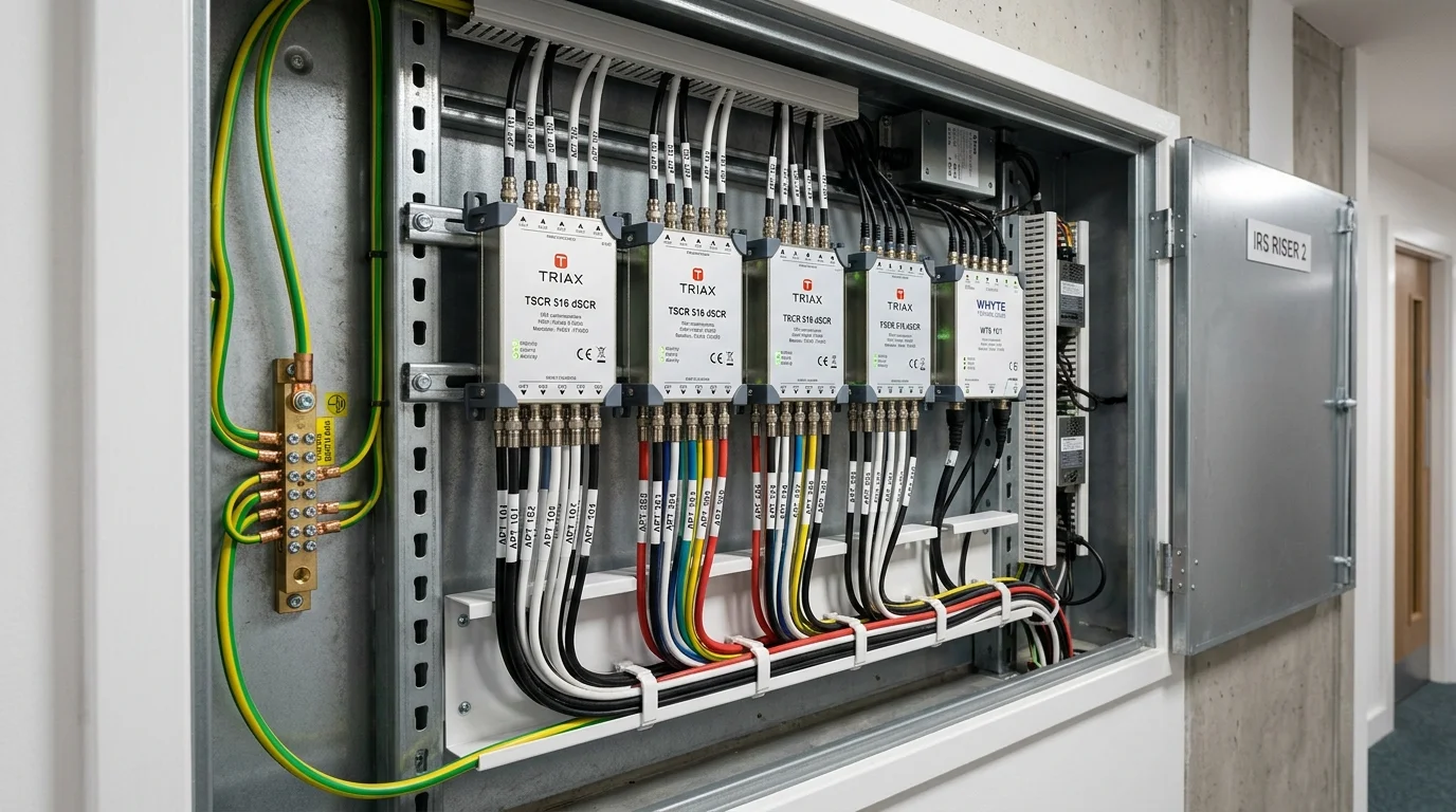 Communal TV dSCR multiswitch riser cupboard system installed for UK apartment buildings