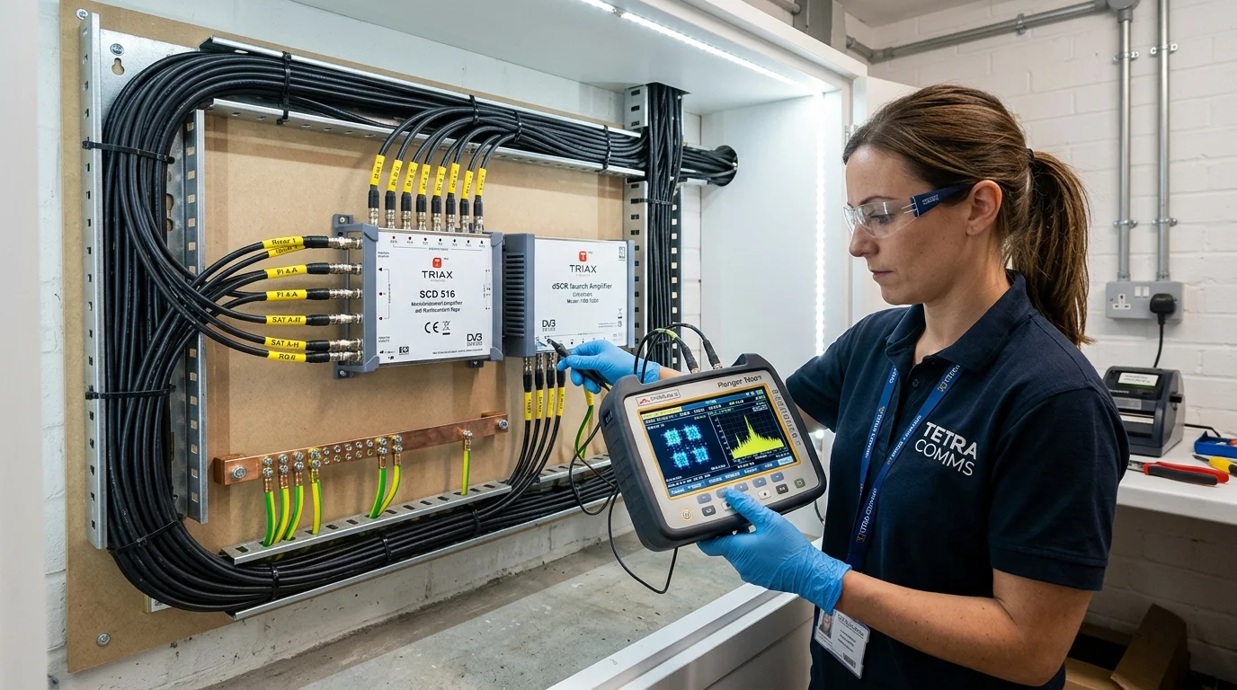 Communal TV planned preventative maintenance inspection on a commercial satellite riser
