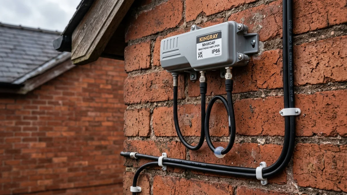 Shielded masthead amplifier and WF100 coax cable routed neatly on Crewe masonry