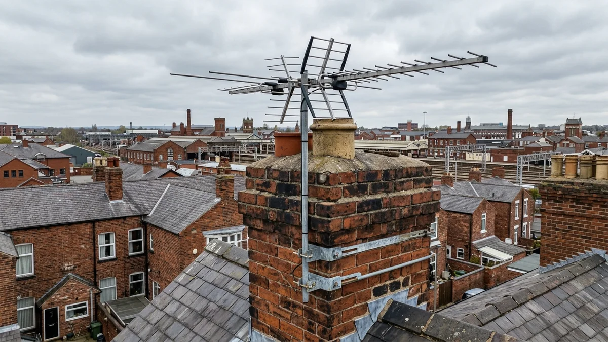 Professional digital TV aerial installation in Crewe with high-gain benchmark aerial and heavy-duty storm bracket