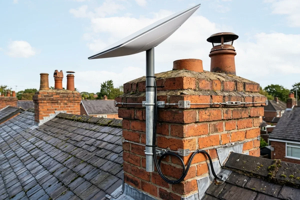 Starlink dish mounted securely on chimney in Culcheth