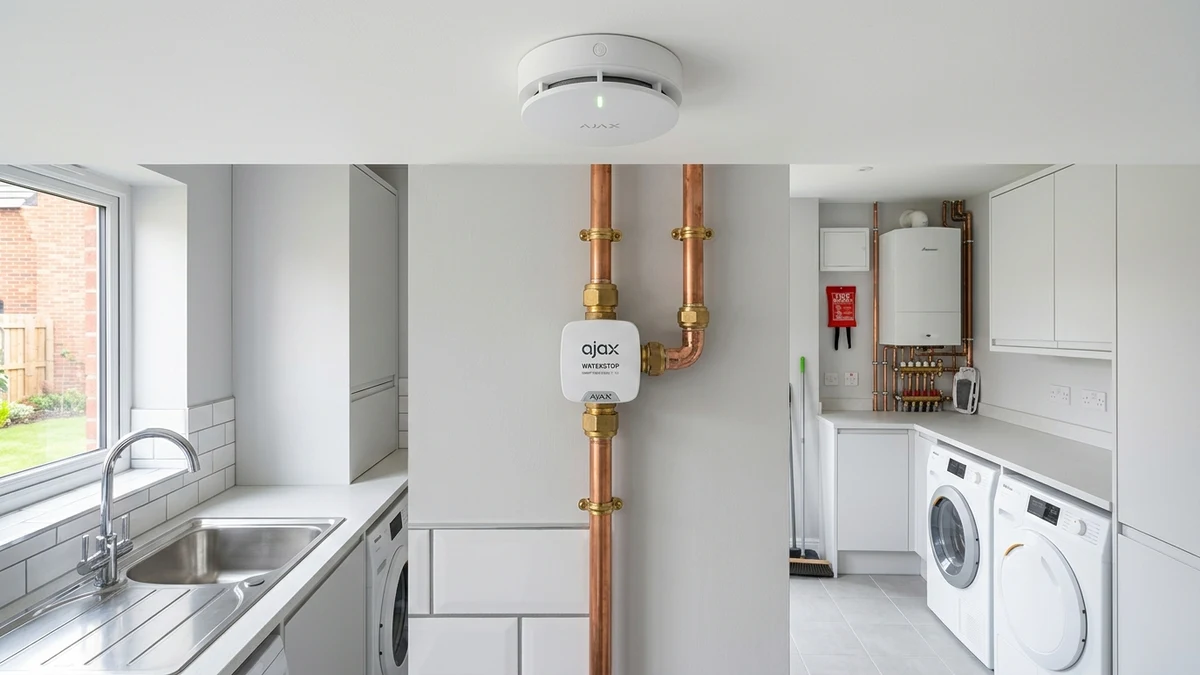 Ajax FireProtect 2 ceiling smoke detector and WaterStop electric smart shutoff valve installed cleanly on copper plumbing in a Darlington home