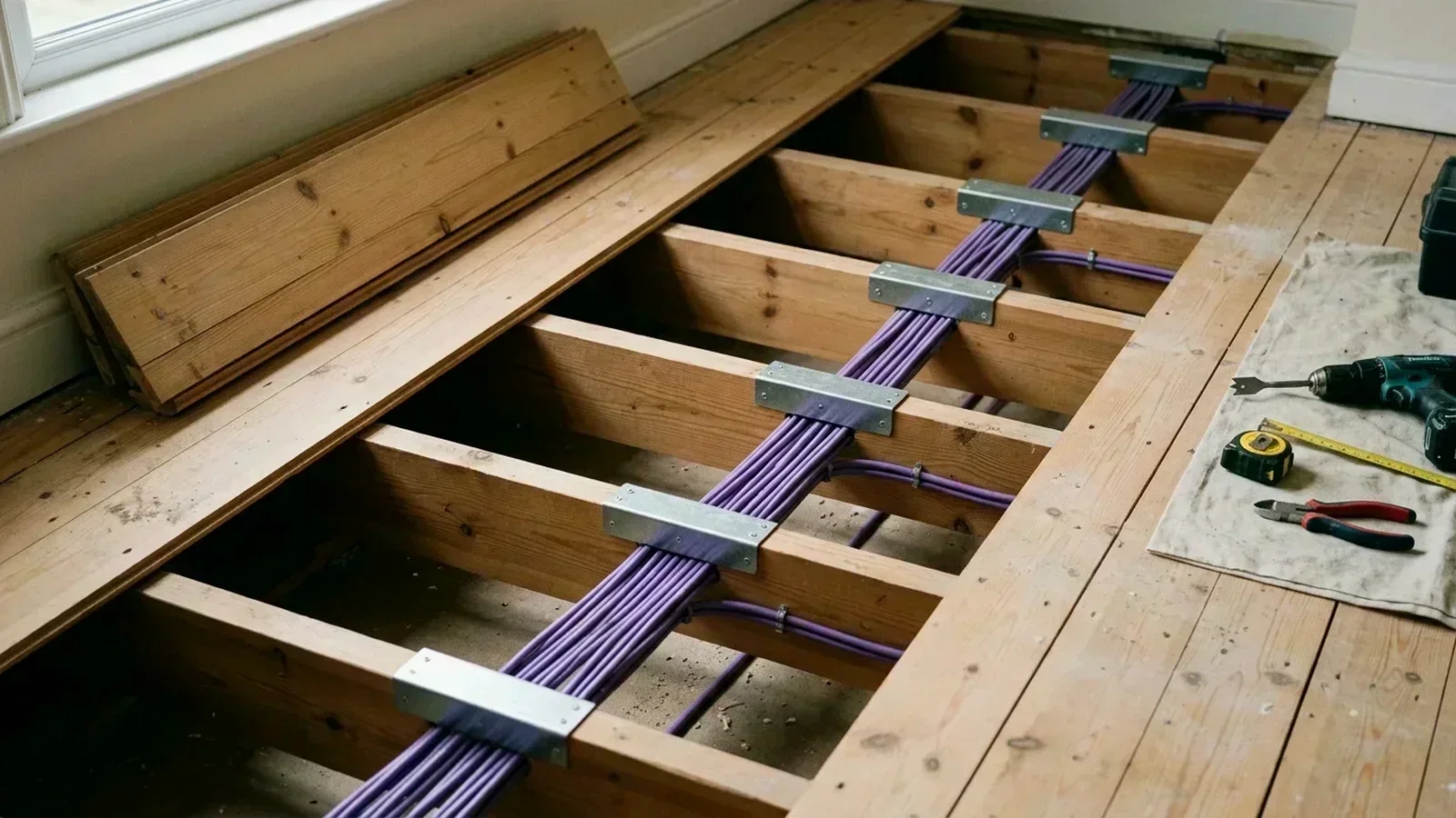Timber floor joist cable routing compliant with Part A in Darlington