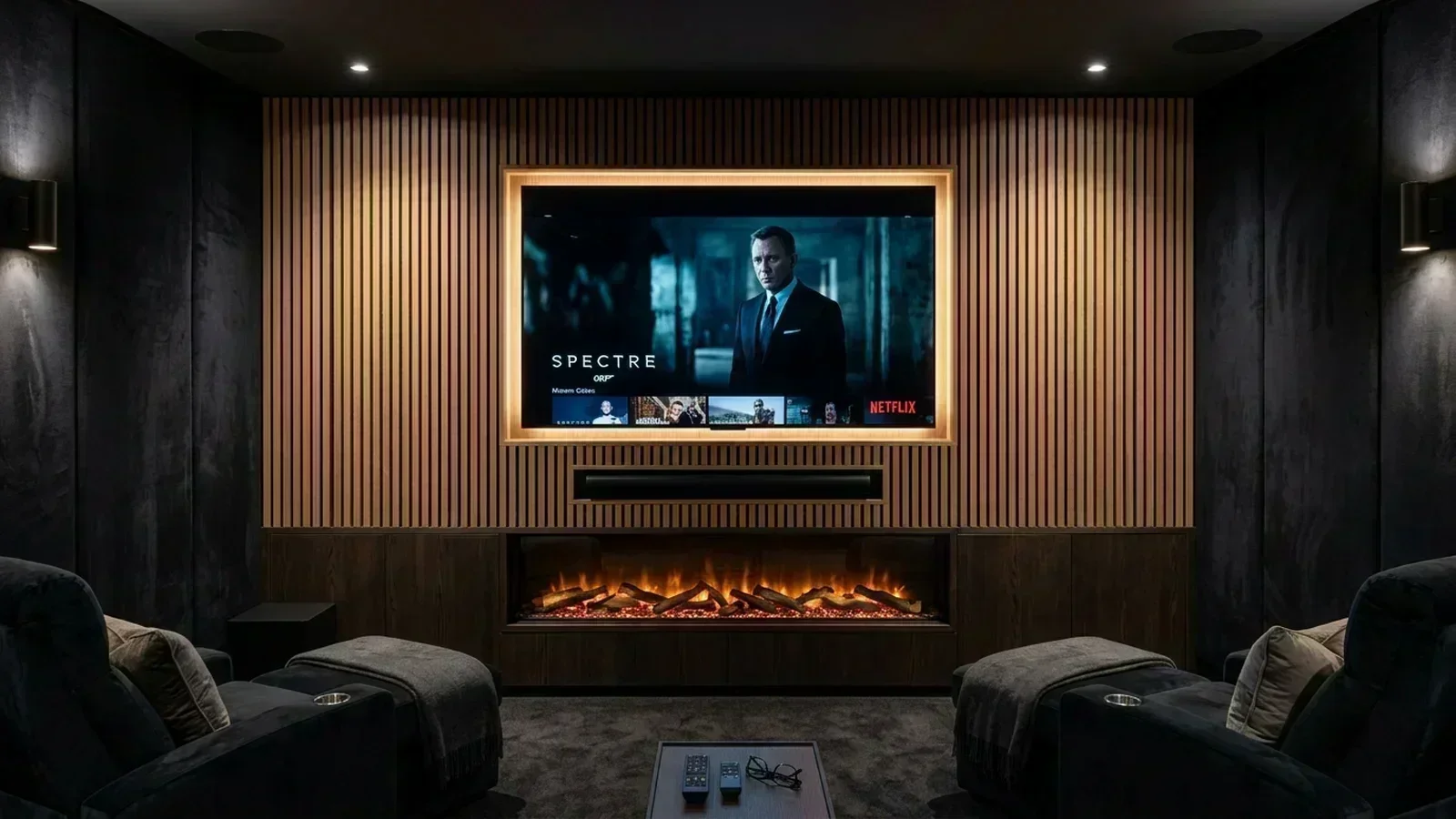 Bespoke luxury media wall installation in Darlington with electric fireplace
