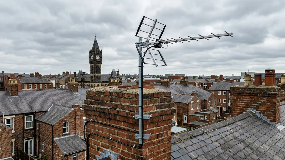Professional digital TV aerial installation in Piercebridge on traditional British chimney stack with galvanized Pennine storm brackets