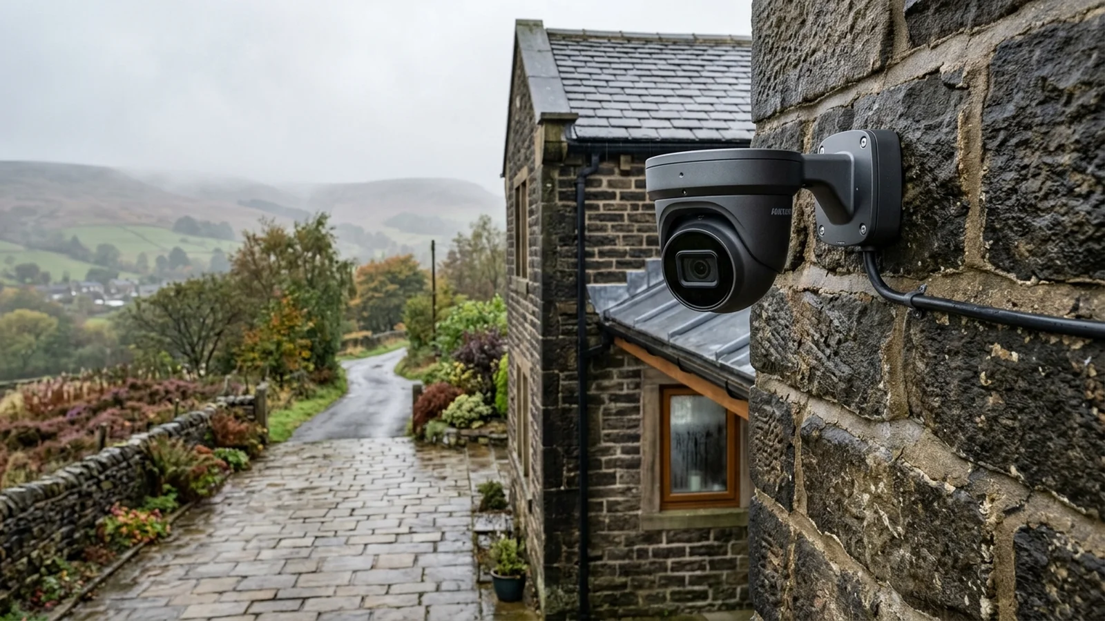 4K Hikvision ColorVu CCTV camera precision mounted onto Yorkshire stone facade in Darwen