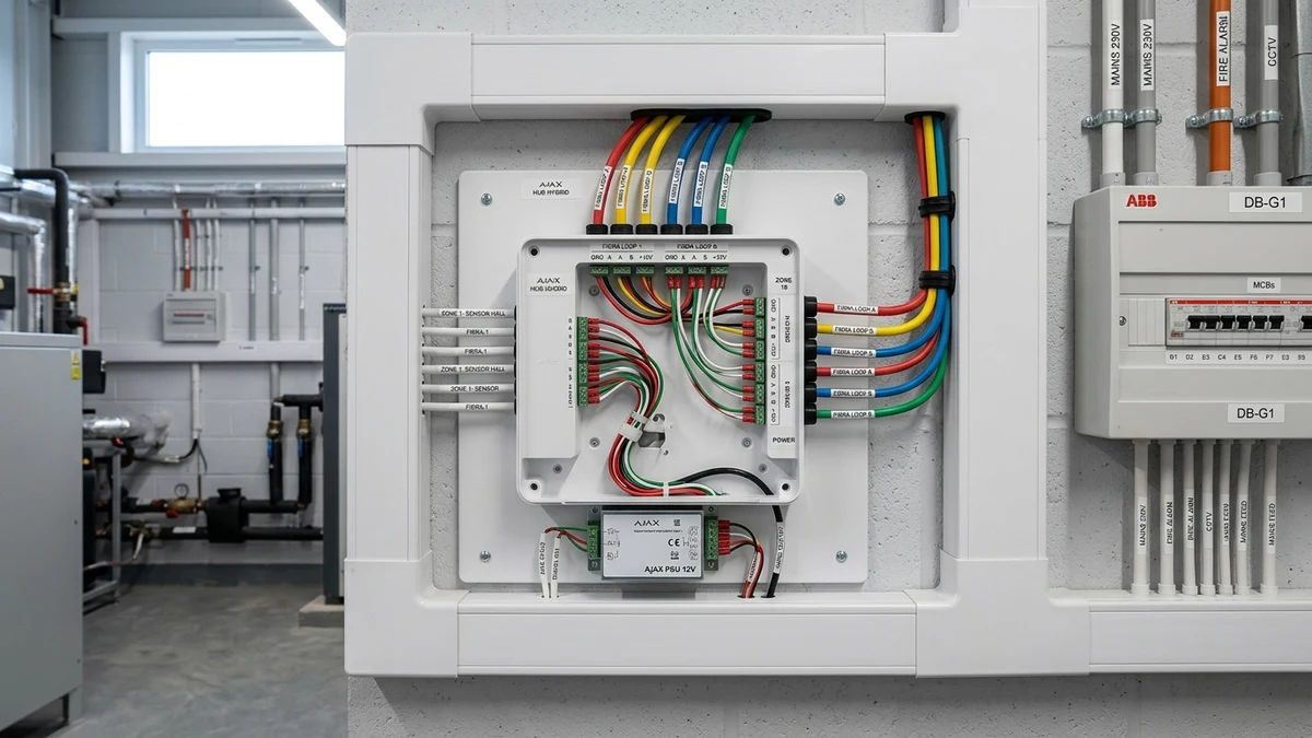 Commercial communications rack housing Ajax Hub Hybrid with neatly laced 4-core bus lines in Derby