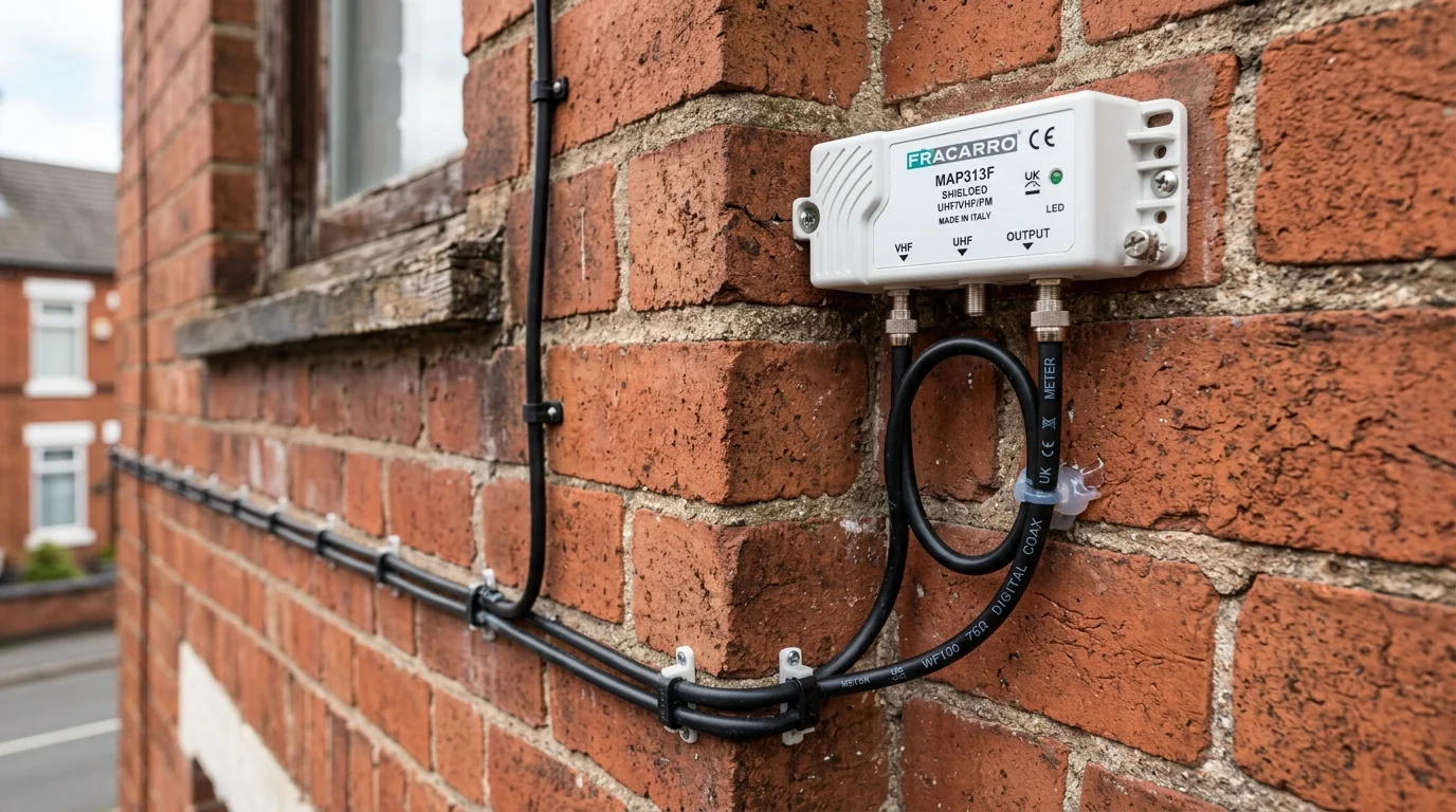 Neatly clipped UV-resistant Cat6a solid copper cable installation along mortar joints in Derby