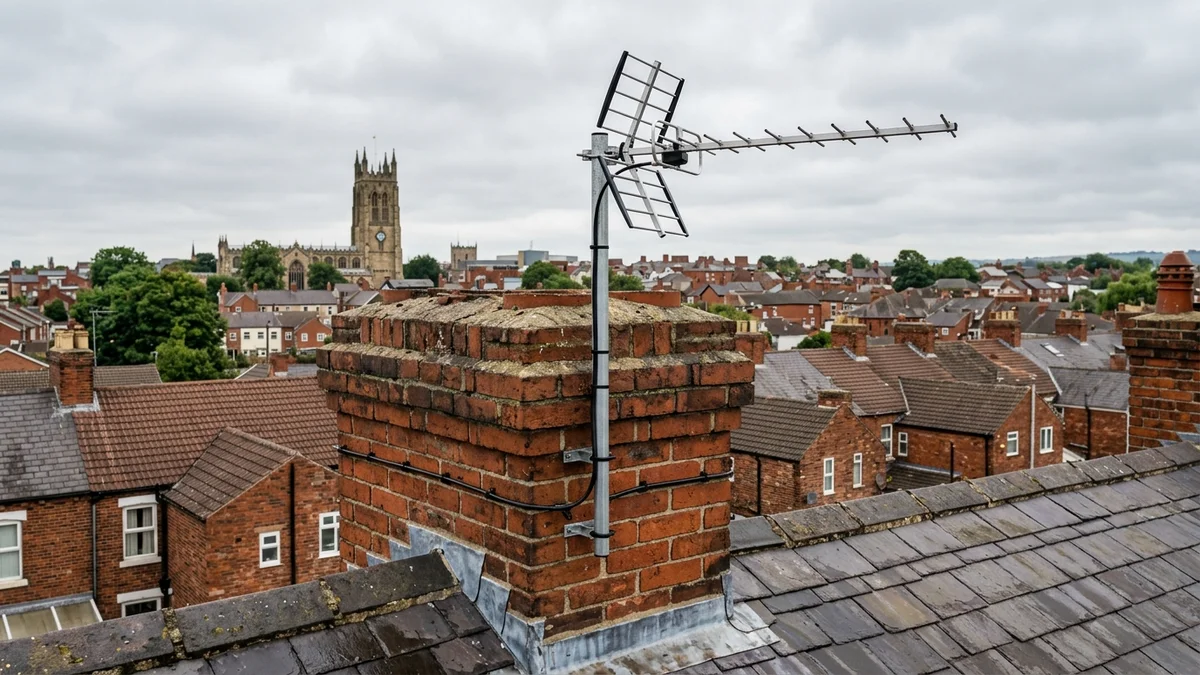 Professional digital TV aerial installation in Doncaster with high-gain benchmark aerial and heavy-duty storm bracket
