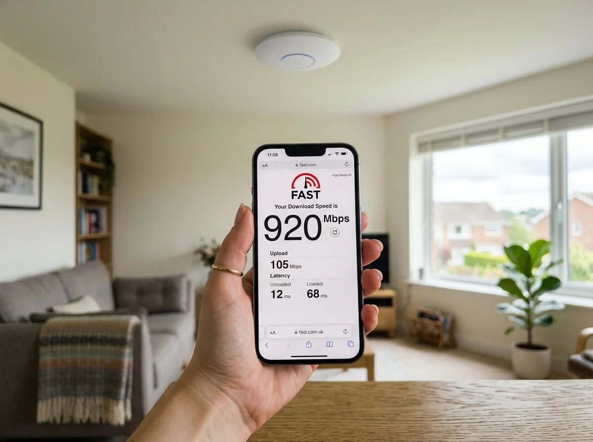 Handover speed test showing 920Mbps gigabit broadband throughput with ceiling access point in a Durham home