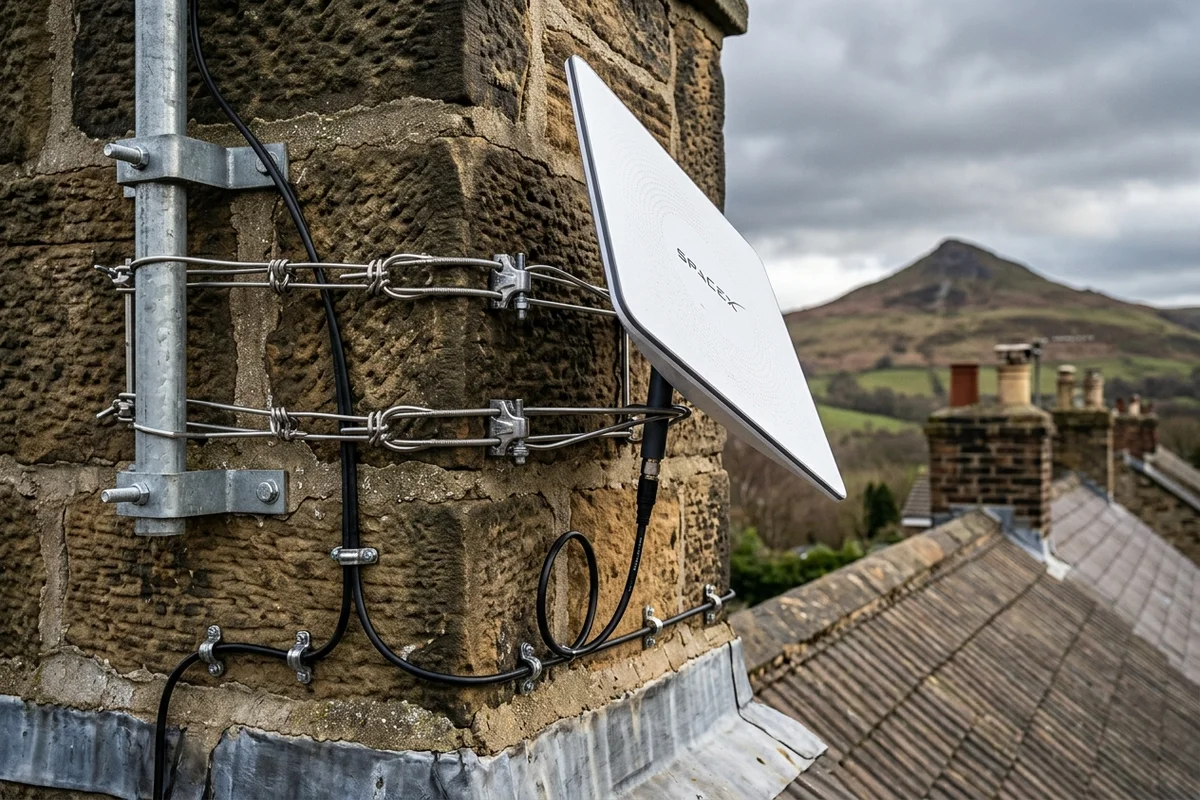 Starlink dish on roof in Eaglescliffe on brick chimney with non-drill lashing cradle overlooking town